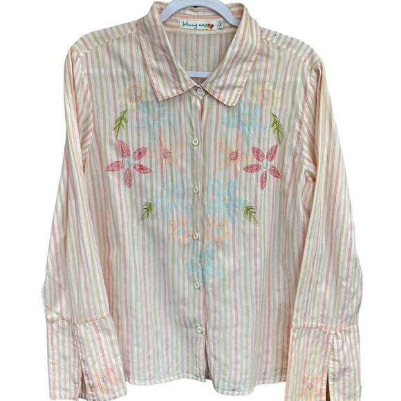 Johnny Was Button Up Top Pink L Long Sleeve Embroidered Collared Stripes Floral - Picture 2 of 12